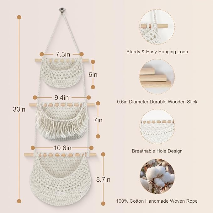 Hanging Baskets for Organizing, 3 Tier Detachable Wall Hanging Fruit Basket Over the Door Organizer for Fruit Vegetable Plant, Beige Boho Cotton Crocheted Fruit Holder for Kitchen Bathroom Bedroom