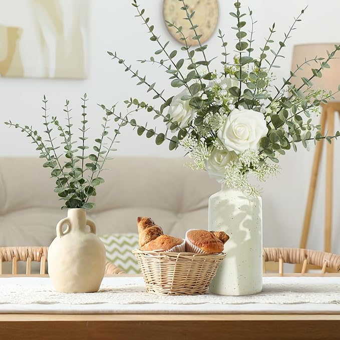 24Pcs Faux Eucalyptus Stems, 15" Artificial Eucalyptus Plants with White Frosted Coating, Fake Eucalyptus Decor Plastic Greenery Leaves for Wedding Bouquets Home Decor DIY Floral Arrangements