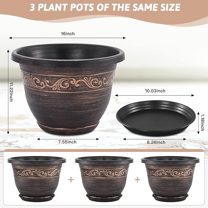 Plastic-Plant-Flower-Planters-16 Inch with Drainage Hole & Saucer, 3 Packs Lightweight Small Resin Flower Pot Indoor Outdoor, Retro Antique Imitation Decorative Garden Containers Sets for Houseplants