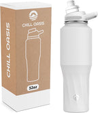 Chill Oasis Water Bottle | Compatible With Popular Flavor Cartridges | BPA Free, Leak Proof, Double-Walled Vacuum Insulated Stainless Steel, and Dishwasher Safe | Cold for 24 Hours (White, 32oz)