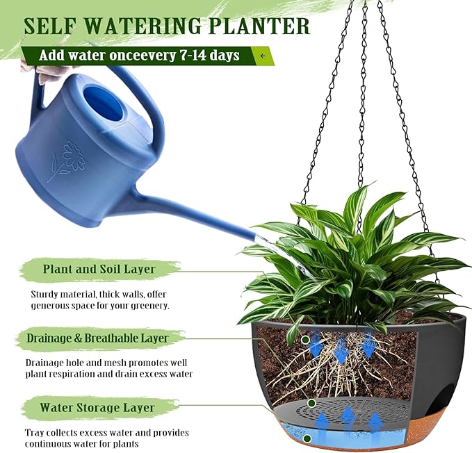 Hanging Planters for Outdoor Indoor Plants, 2 Pack 12 Inch Hanging Basket Plants Outdoor, Self Watering Hanging Planter with Plant Hanger for Garden Home Decoration (2 Type Plant Hangers Black)