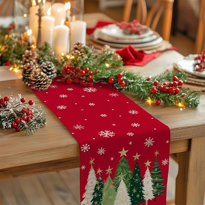 GEEORY Christmas Table Runner 13x72 Inch, Xmas Trees Snowflakes Winter Holiday Decorative Farmhouse Table Decorations for Kitchen Dinning, Indoor Outdoor Dinner Party Decor (Red) GT150-72