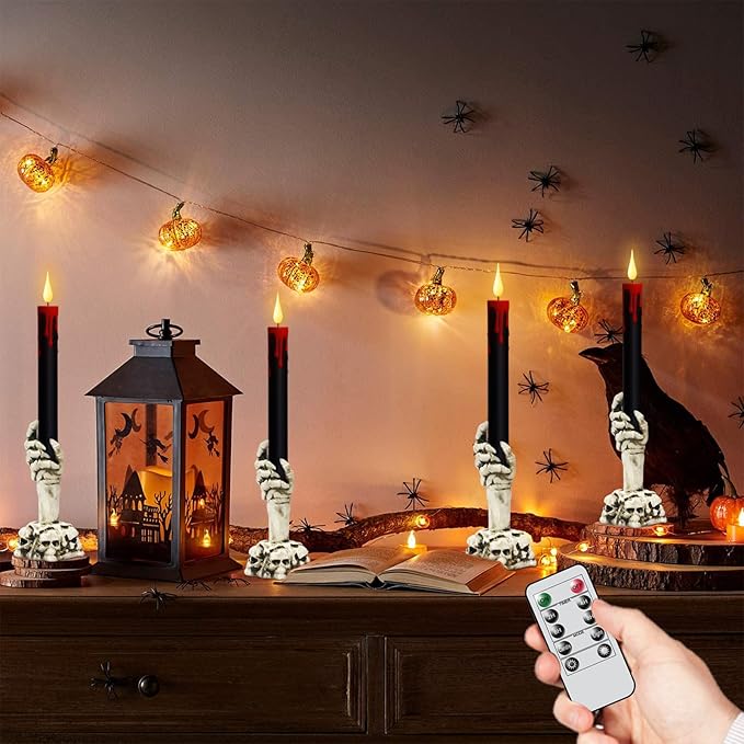 GenSwin Halloween Black Taper Flameless Candles with Ghost Hand Candlesticks and Remote Timer, 2 Pcs Battery Operated Taper Candles with Holder and 3D Flame for Halloween Decor
