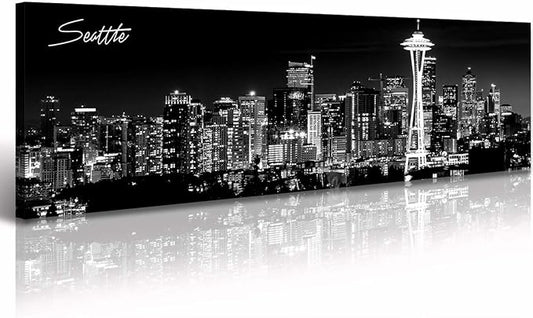 Seattle City Skyline Wall Art Black and White Canvas Prints Panorama Cityscape Picture Night View Painting Poster Modern Artwork Home Decor for Office Living Room - Ready to Hang 13.8" x 47.3"