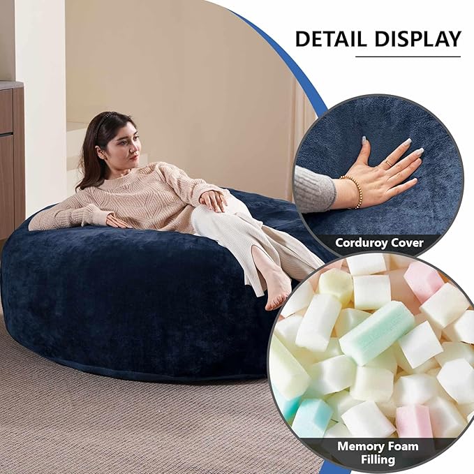 5FT，Big Bean Bag Chairs for Adults，Large beanbag with Filler Included，Memory Foam Material，Easy to Clean and Washable Corduroy Fabric，Suitable for Living Room and Bedroom (Blue, 5 Foot)