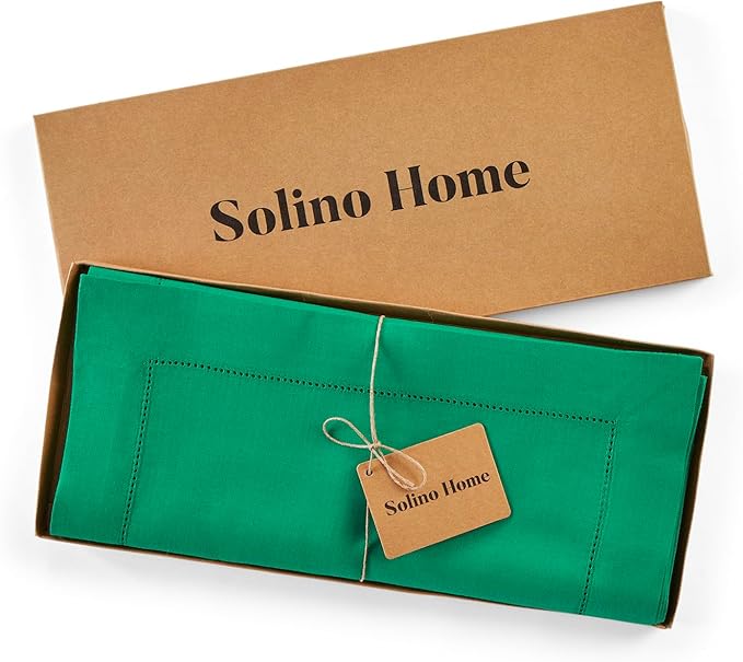 Solino Home Linen Hemstitch Table Runner 108 Inches Long - 100% Pure Linen Emerald Green Table Runner 14 x 108 Inch - Classic Hemstitch