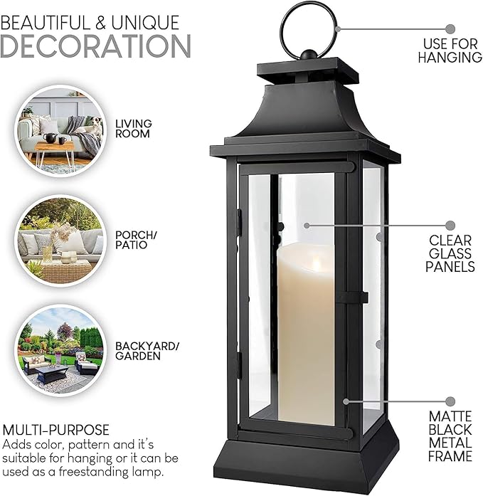 Serene Spaces Living Set of 4 Black Hurricane Lanterns with Clear Glass Panels - Ideal for Home Decor, Parties & Events - Table Top or Hanging Lantern for Indoor & Outdoor Use - Measures 15" Tall