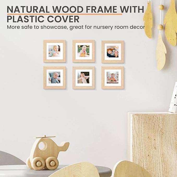 upsimples 4x4 Picture Frame, Natural Solid Wooden Picture Frames, Display 3x3 with Mat or 4 x 4 Without Mat, Wall or Tabletop, 1 Pack, Natural