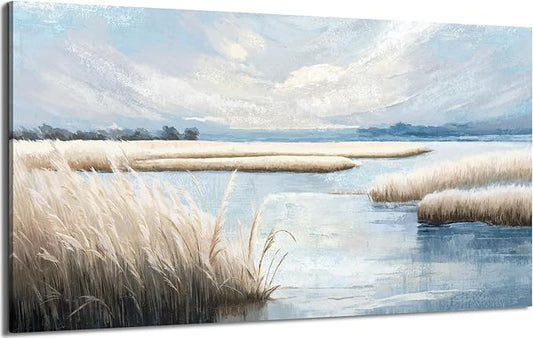 amatop Extra Large Coastal Marsh Landscape Wall Art – Neutral Blue Beige Wetland Canvas Print for Bedroom Living Room Office – Serene Nature Wall Decor,Oversized Ocean Artwork for Home Decoration