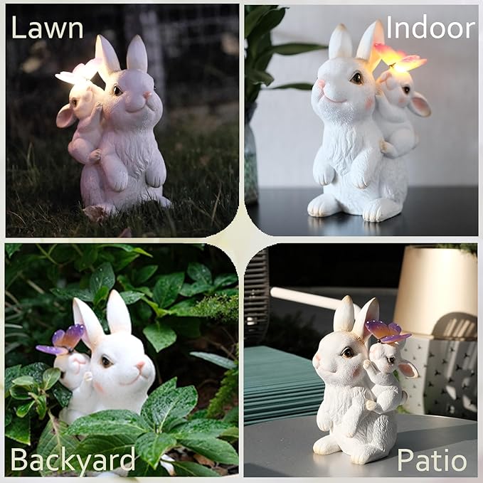 Solar Garden Statues Rabbit with Solar Lights,Mother&Baby Bunny Figurine with Butterfly Changing Lights for Yard Art Garden&Patio Decor,Unique Easter&Birthday Gifts for Women Mom Grandma