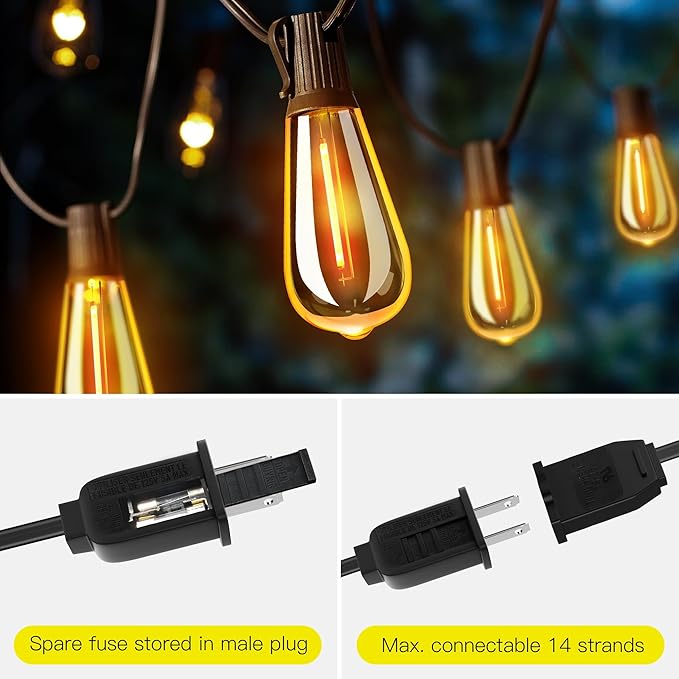 OHLUX 120FT Outdoor String Lights, 62 ST38 Edison LED Bulbs, E12 Base, 2200K Cafe Warm Color, Max.Connectable 14 Strands, Anti-Fall & Waterproof, Dimmable, Hanging for Outside Patio Backyard Bistros