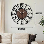 Maxstar Large Round Wall Clock for Living Room Decor Battery Operated Non Ticking Black Metal Wood Clocks for Home Living Room Garden Farmhouse Office Kitchen Decoration -24 inch