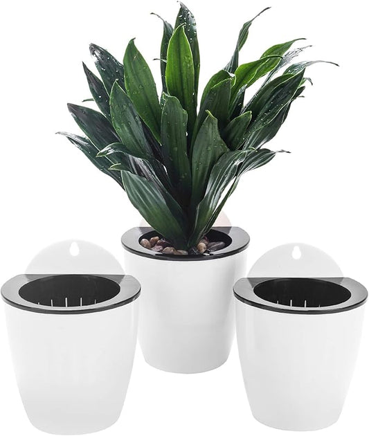 3 Pack Self Watering Wall Hanging Planter Pots Vertical Garden Window Hang Mount Indoor Outdoor Plant Flower Basket for Kitchen Herbs Balcony Railing Shelf Fence Bedroom Trellis Decor Modern White Box