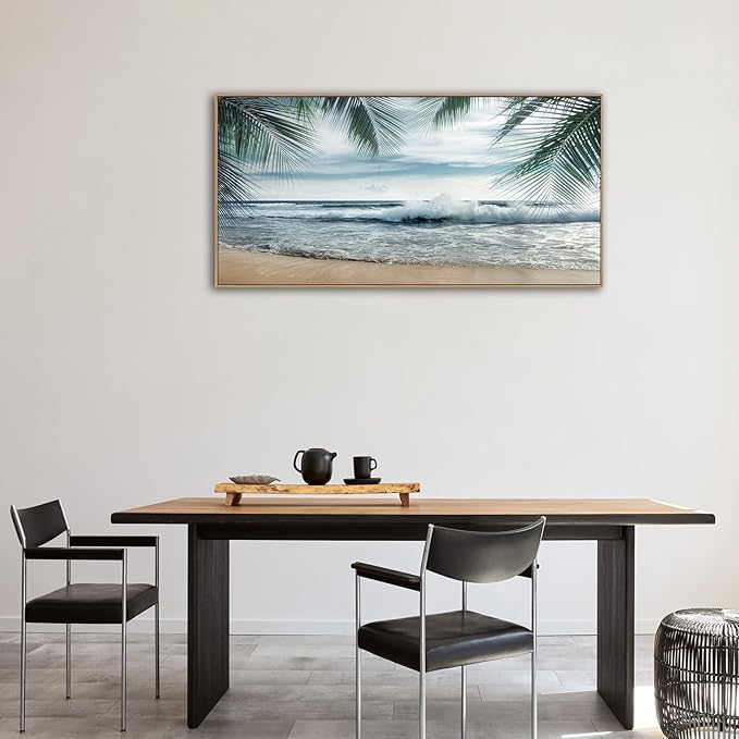 Framed Tropical Beach Wall Art - Ocean Waves Canvas Pictures Coastal Blue Sky and Sea Print Seaside Palm Tree Leaves Scene Painting Artwork Living Room Bedroom Office Home Decor 24" x 48"