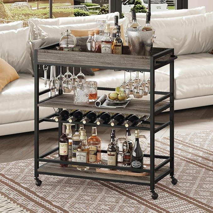 BON AUGURE Bar Cart, Home Bar Serving Cart on Wheels, Mobile 3 Tier Liquor Beverage Carts with Wine Rack and Glass Holder (Grey Oak)
