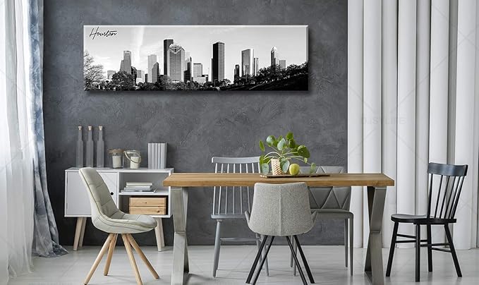 Black and White Wall Art Houston Skyline Canvas Print Picture Panoramic Cityscape Poster Decoration for Bedroom Office Home Decor Framed and Ready to Hang, 13.8"x47.3"
