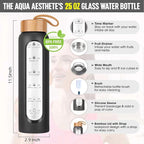 Aqulea Glass Water Bottles 25 Oz with Silicone Sleeve - BPA Free Reusable Wide Mouth Glass Motivational Water Bottles with Fruit Infuser – Leak Proof Borosilicate Water Bottle with Time Marker (Black)