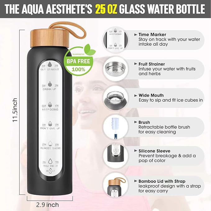 Aqulea Glass Water Bottles 25 Oz with Silicone Sleeve - BPA Free Reusable Wide Mouth Glass Motivational Water Bottles with Fruit Infuser – Leak Proof Borosilicate Water Bottle with Time Marker (Black)
