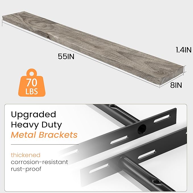 Fun Memories Floating Shelves for Wall Dec, 55"x8" Rustic Reclaimed Wood Shelves, Heavy-Duty Wall Mounted Shelves with Invisible Brackets for Living Room, Bedroom, Kitchen, Grey Finish