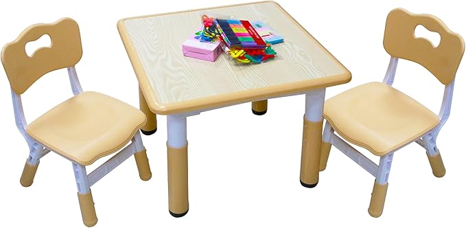 Kids Table and 2 Chairs Set with Graffiti Desktop, Toddler Furniture Set, Non-Slip Table Children Study Desk, Dining Table, Height Adjustable Desk, Painting Desktop for Kids (23.6x23.6Inch)