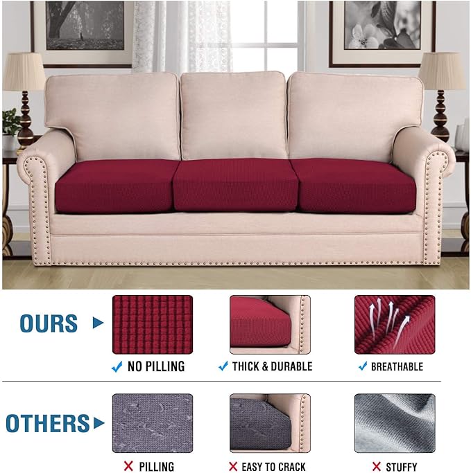 H.VERSAILTEX Super Stretch Individual Seat Cushion Covers - Sofa & Couch Cushion Slipcover Sets - Thick Jacquard Textured Twill Fabric (3 Piece XL Sofa Cushion Covers, Burgundy Red)