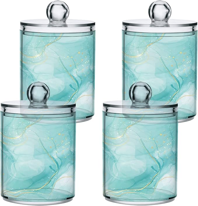 2 Pack Qtip Holder Dispenser Turquoise Marble Bathroom Storage Canister Lid Acrylic Plastic Apothecary Jar Set Vanity Makeup Organizer for Cotton Swabs/Pads/Floss