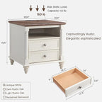 T4TREAM 24'' Farmhouse End Table w/4 Solid Wood Feet, Large 2 Drawers Wide Sofa Side Table with Charging Station, Tall Rustic Wood Square Nightstand for Living Room, Bedroom, Office, Antique White