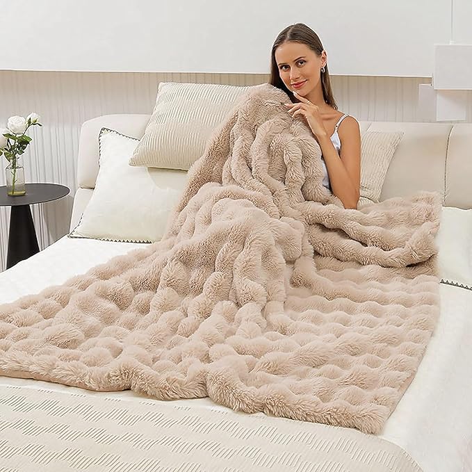 UKELER Faux Fur Throw Blanket Plush Thick Fleece Blanket Fluffy Cozy Soft Warm Blankets Throws for Bed, Couch, Sofa, Office, Camping 50''x60'' Camel
