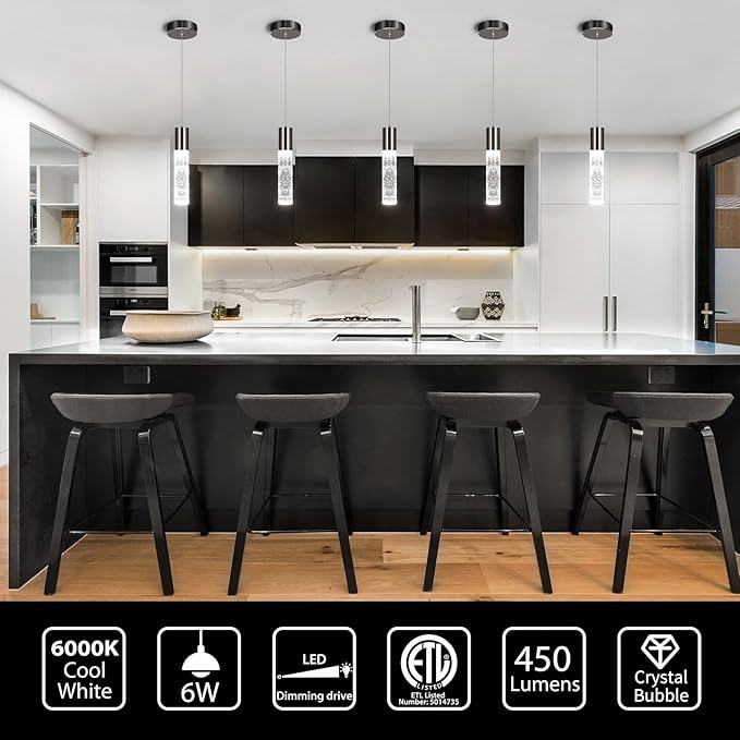 OKELI Modern Pendant Lights, LED Bubble Crystal Kitchen Island Lights Fixtures, Black Mini Single Pendant Lighting for Kitchen Island Bar,6W,6000K, ETL,3Pack