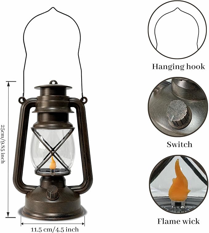 Vintage LED Outdoor Lantern Battery Powered Lanterns with Flame Wick Waterproof Camping Lamp Non-Solar Hanging Lantern Lights Landscape Decor for Indoor/Outdoor Use