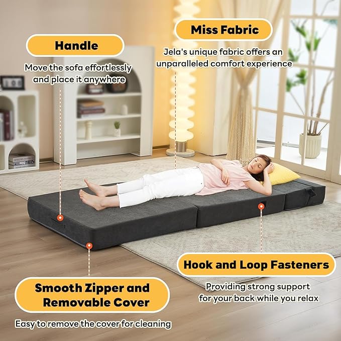 jela Foldable Sofa Bed Large Soft Foam Convertible Sleeper Chair Luxury Miss Fabric Fold Out Chair Bed Floor Couch with Back Support Floor Sofa for Living Room Bedroom (83"x33",Dark Gray)