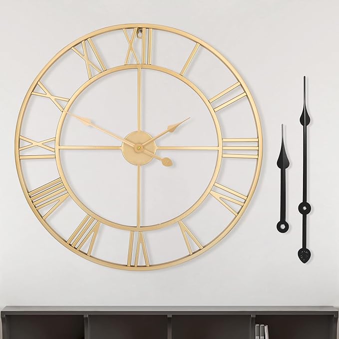 LEIKE Large Modern Wall Clocks,18" Gold Metal,Rustic,Round,Silent Non Ticking,Battery Operated Roman Numerals Clock for Living Room/Bedroom/Kitchen Wall Decor-(Gold, 47cm)