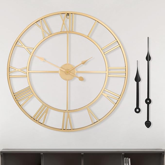 LEIKE Large Modern Wall Clocks,24" Gold Metal,Rustic,Round,Silent Non Ticking,Battery Operated Roman Numerals Clock for Living Room/Bedroom/Kitchen Wall Decor-(Gold, 60cm)