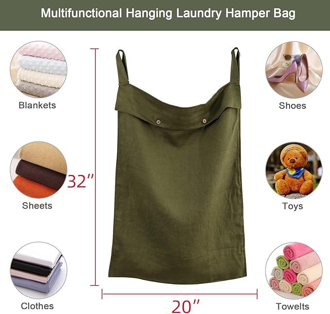 Linen Hanging Laundry Bag, 100% Linen Over The Door Laundry Hamper with Buttons and Zipper, Space Saving Door Hampers for Laundry Dirty Clothes Home Travel, Green