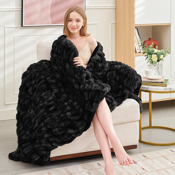Ultra Soft Luxury Faux Fur Throw Blanket for Counch,Fuzzy Fluffy Plush Warm Cozy Elegant Wrinkled Blanket for Sofa Bedroom Living Room,（50"x60",Tie-dye Black）