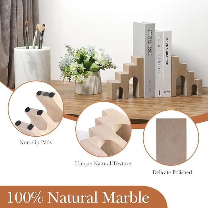 Natural Marble Book Ends for Shelves, Decorative Bookends for Heavy Books, CastleGuard Bookend Book Holder Stopper for Home Office Desk Bookshelf Decoration, Turkey Natural Marble, Set of 2