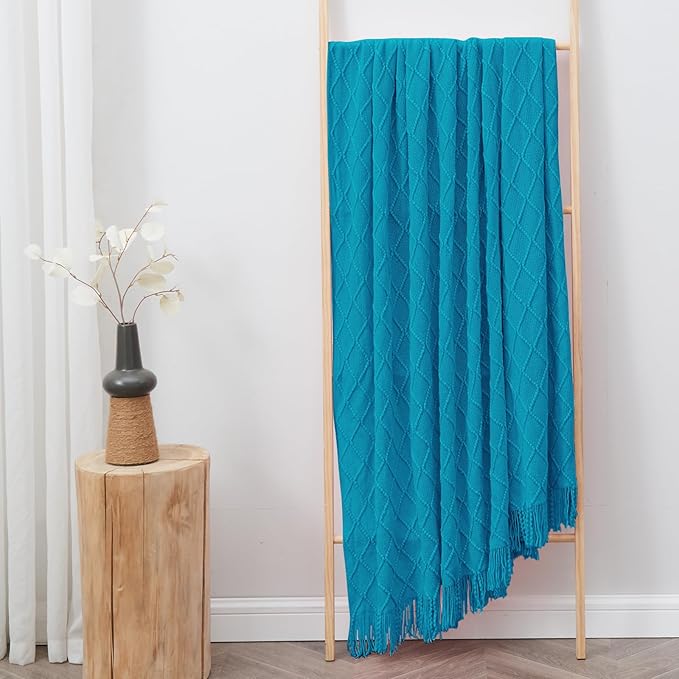 inhand Teal Throw Blanket for Couch and Bed, Soft Living Room Home Decor Knitted Blanket with Tassel, Outdoor Lightweight Breathable Summer Blanket, Farmhouse Warm Woven Decorative, 50"x60"
