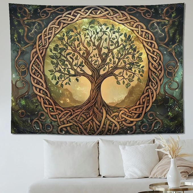 keowhsf Tree of Life Tapestry – Fantasy Forest Nature Landscape Wall Art with Mystic Green Aesthetic, Large Wall Hanging for Bedroom, Living Room, Home Decor