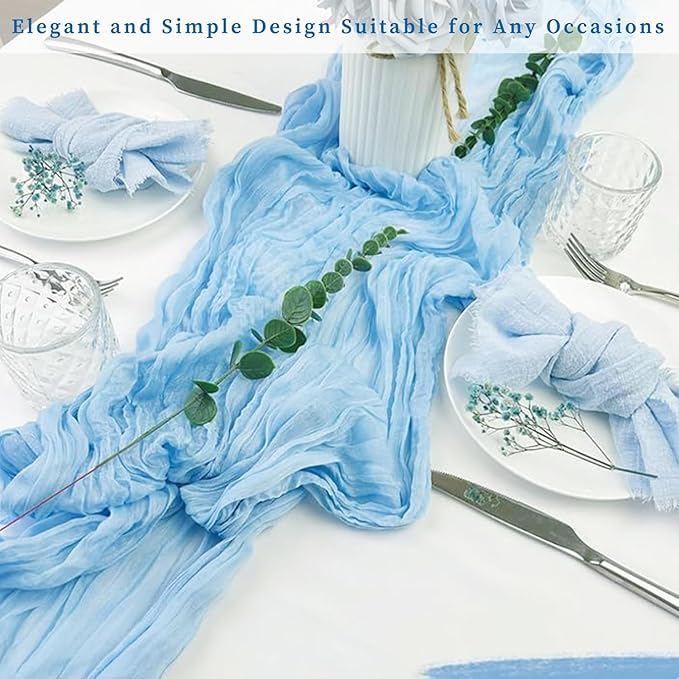 12 Pack Baby Blue Cheesecloth Table Runner 20 x 120 Inch Long Rustic Gauze Cheese Cloth Table Runner for Wedding 10FT Bridal Baby Shower Table Decorations Boho Fabric Sheer Birthday Party Table Decor