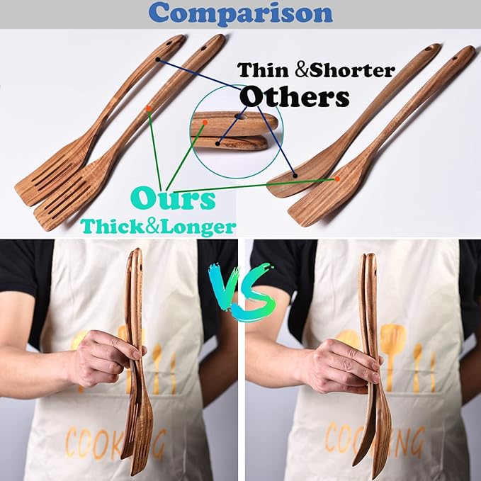 Gudamaye 13 inch Long Wooden Utensils for Cooking, Long Handle Wooden Spoons for Cooking, 7 PCES Crafting Wooden Spoon Set, Wooden Kitchen Utensil set, Natural Teak Wooden utensil Set