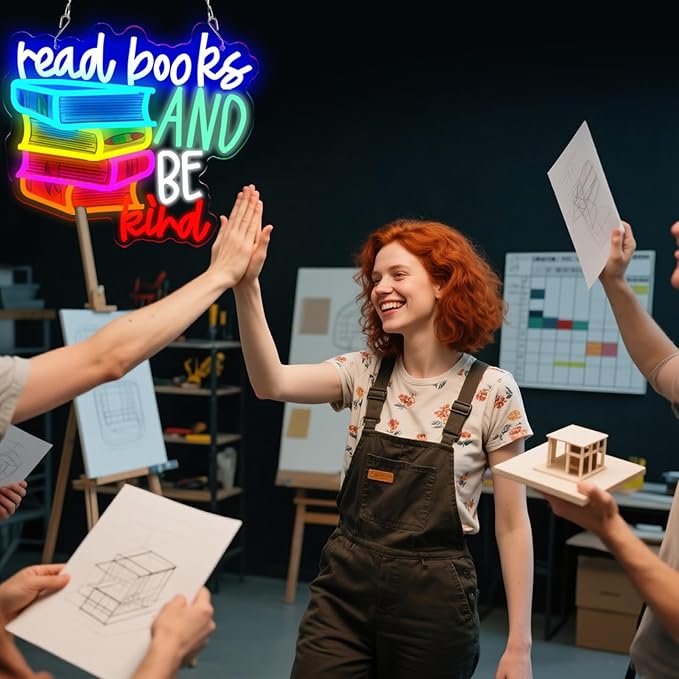 LED Read Books Be Kind Neon Signs Classroom Neon Lights Wall Decor for Reading Room, Classroom, Bookstore, Library, Museum, Study Room Gifts Art for Book Lover, Kids,Friends,family-13.4 x 12.6 IN-USB Powered-Acrylic