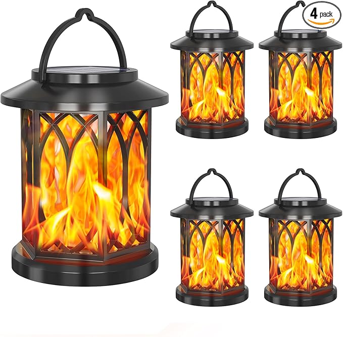 Solar Hanging Lanterns Outdoor, Flickering Flames Outdoor Solar Lights Hanging Lanterns Waterproof Decoration Lighting for Table, Garden, Patio, Tree (4 Pack)