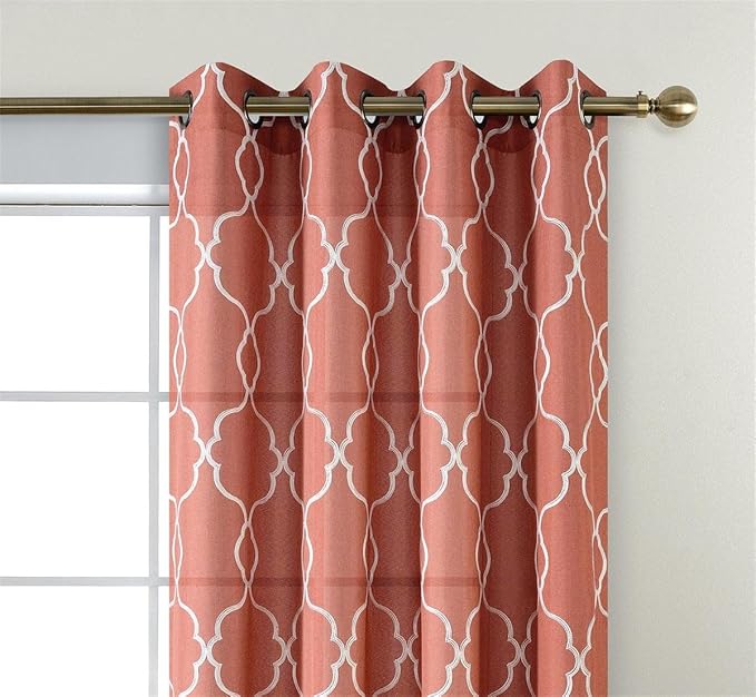 MIUCO Moroccan Embroidered Semi Sheer Curtains Faux Linen Grommet Window Curtains for Girls Room 52 x 63 Inch 2 Panels, Rust