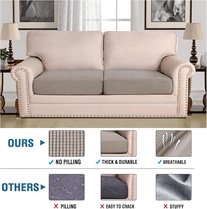 H.VERSAILTEX Super Stretch Individual Seat Cushion Covers Sofa Covers Couch Cushion Covers Slipcover Sets Thick Jacquard Textured Twill Fabric (2 Piece Medium Sofa Cushion Covers, Taupe)