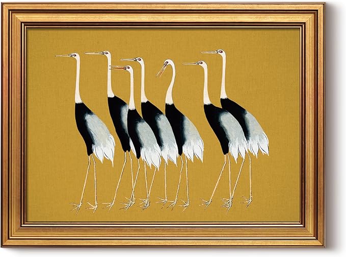 HUARCEY Gold Framed Vintage Wall Art for Living Room, Animals Painting Prints Shelf Decor for Kitchen, Aesthetic Bedroom Wall Art Decor, Christmas Gifts for Friends or Family (Seven Cranes 12"x16")
