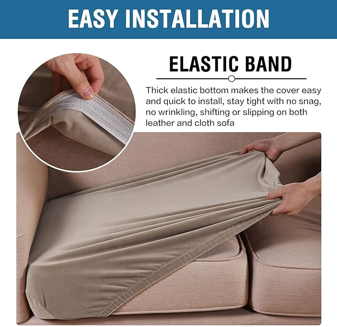 H.VERSAILTEX Velvet Stretch Couch Cushion Cover Plush Cushion Slipcover for Chair Loveseat Sofa Cushion Furniture Protector Seat Cushion Sofa Cover (3 Piece XL Sofa Cushion Covers, Taupe)
