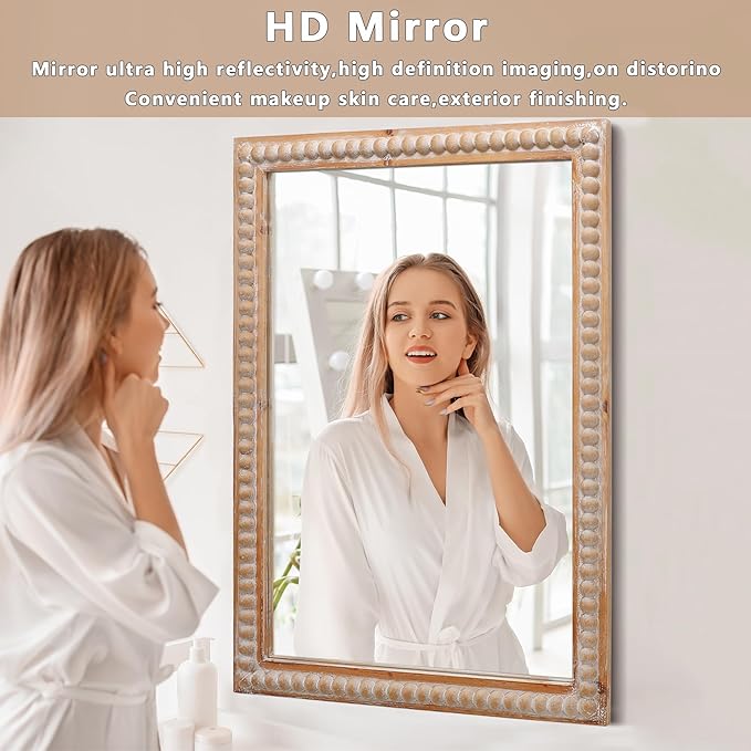 Farmhouse Bathroom Mirror 22x30 Inch - Rectangular Wall Mirrors with Wood Frame & Beaded Design - Distortion-Free Glass, Horizontal/Vertical Mount or Freestanding
