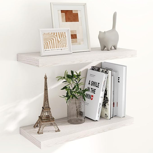 24 x 9 Floating Shelves, 9 Inch Deep Floating Shelf Wall Mounted, 24 Inch Bathroom Shelves Set of 2, Rustic Wood Wall Shelf for Bedroom, Living Room, Brich Color