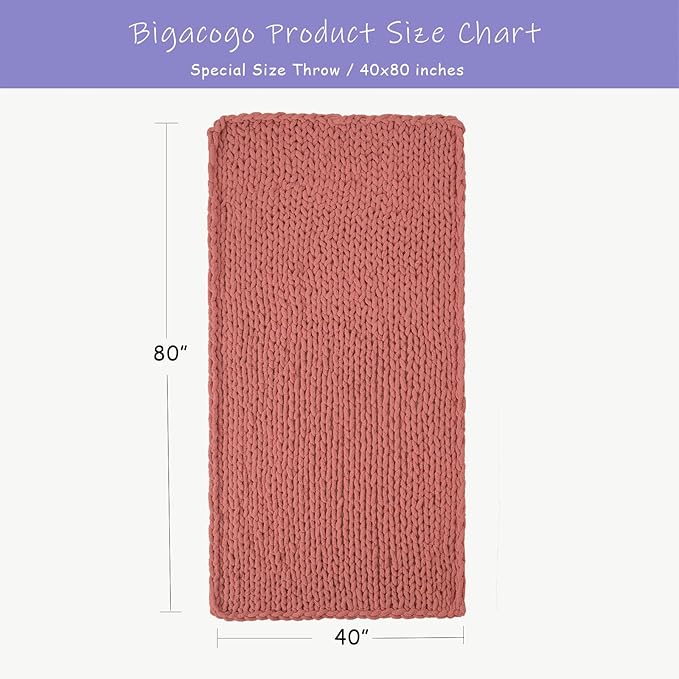Bigacogo Chunky Knit Throw Blanket for Couch, 40x80 inches, 100% Hand Knitted with Thick Jumbo Chenille Yarn, Cozy Soft Large Rope Knot Cable Crochet Blankets for Sofa Bed Living Room, Antique Red