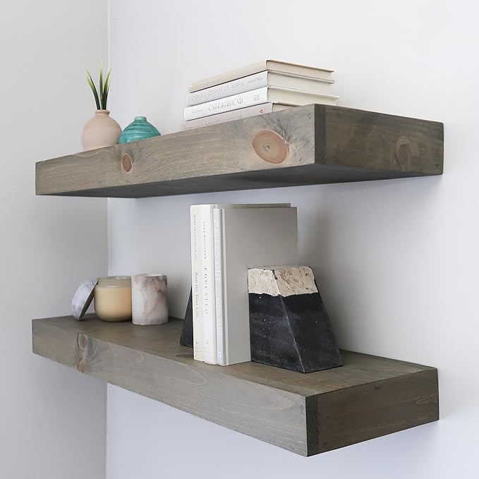 Modern Floating Shelves 3 Inches Thick for Wall, Wide Shelves for Kitchen, Living Room, Bedroom, and Bathroom, Natural Pine Wood, Rustic Wooden Shelf, (Set of 2) (Aged Barrel, 36Lx3Hx8D)